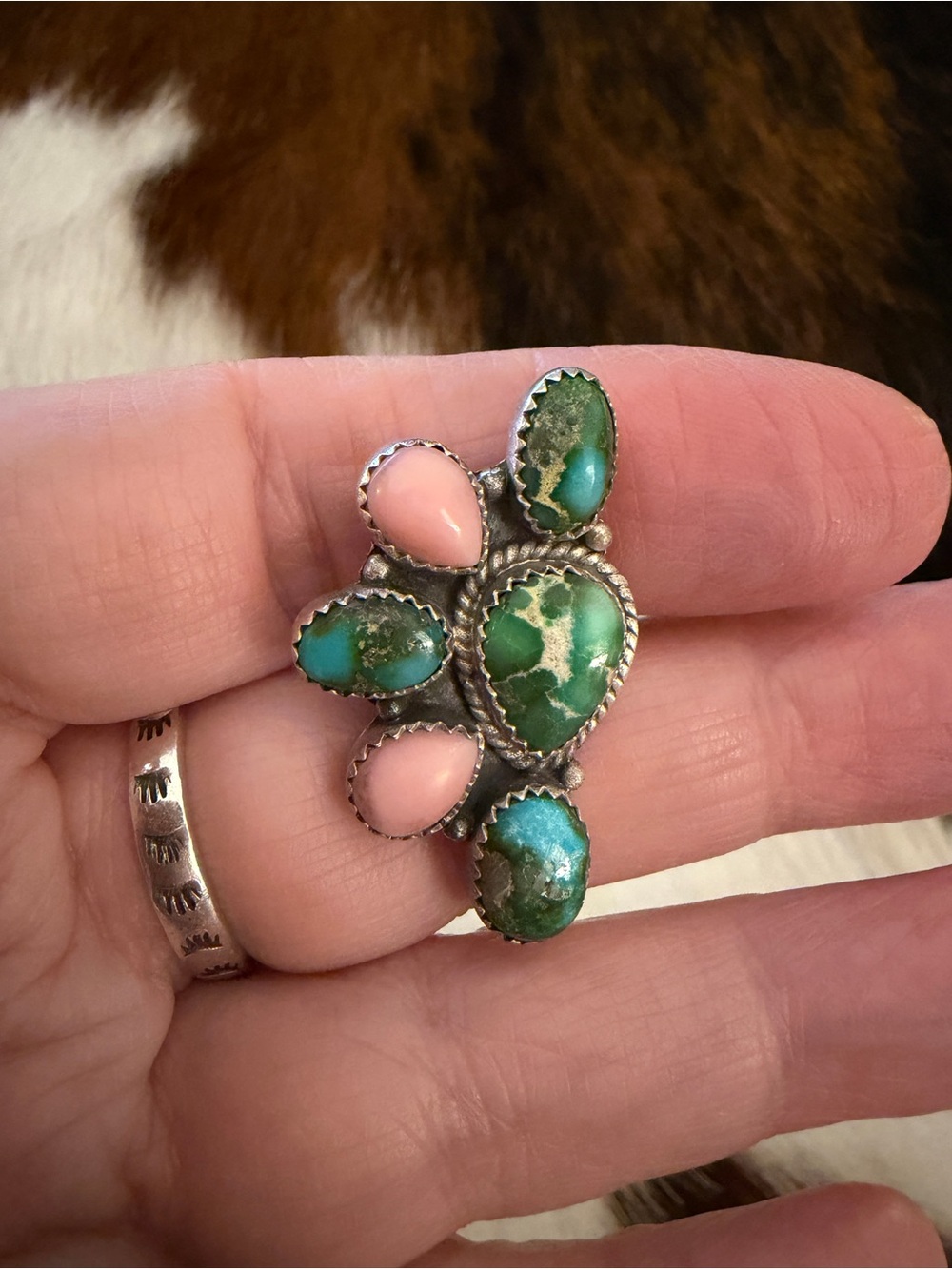 ❤️ Sonoran Gold Turquoise & Pink Conch ADJ 4.5 - 8.6 Statement Ring Matte 925 - Picture 4 of 15